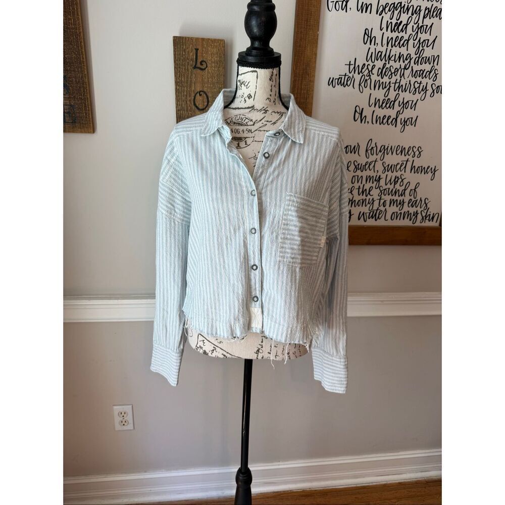 Free People We The Free Women's Striped Chrissy Crop Oxford Top Blue White Small